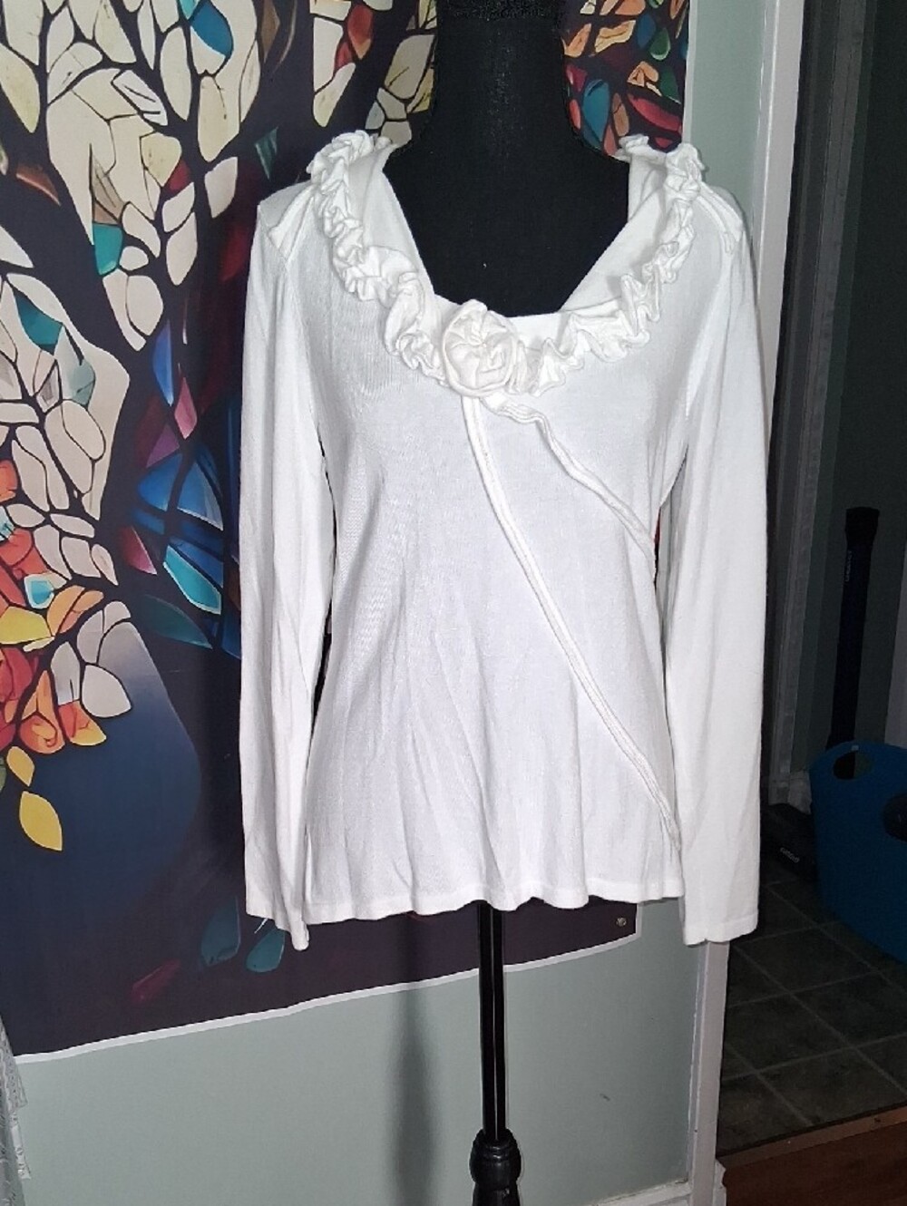 Tribal White Long Sleeve Ruffle-Trim Top - Picture 10 of 11